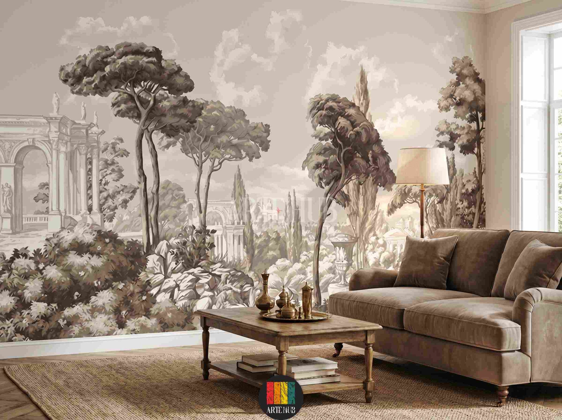 A luxury vintage landscape wallpaper mural featuring classical Roman architecture and cypress trees in a sophisticated beige living room setting in Egypt.
room: living room