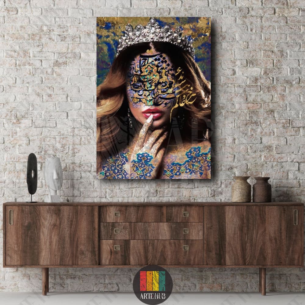 A sophisticated portrait of a woman with a royal crown and face adorned with intricate Arabic calligraphy, featured as luxury canvas wall art in a modern home setting in Egypt.