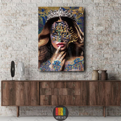 A sophisticated portrait of a woman with a royal crown and face adorned with intricate Arabic calligraphy, featured as luxury canvas wall art in a modern home setting in Egypt.
