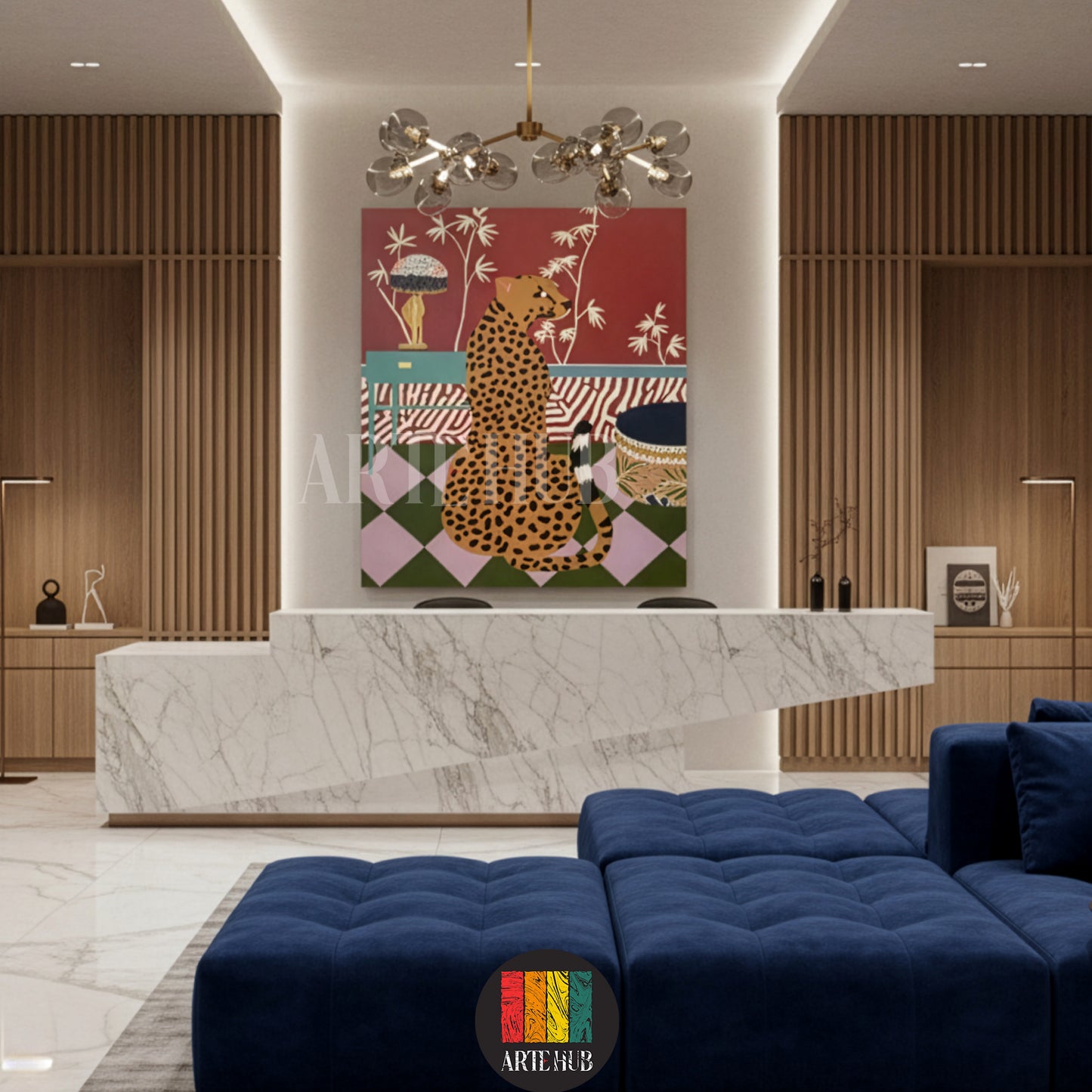Modern luxury canvas wall art featuring a stylized cheetah in a vibrant red room setting, perfect for chic home decor in Egypt.