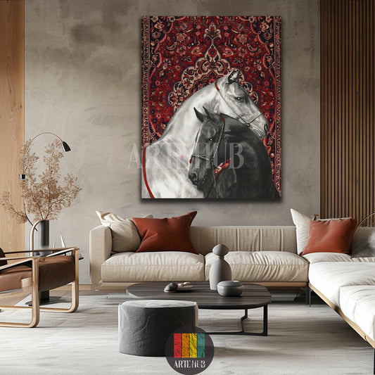 Luxury canvas wall art featuring two noble Arabian horses against a rich red Persian carpet backdrop, displayed in a contemporary living room in Egypt.