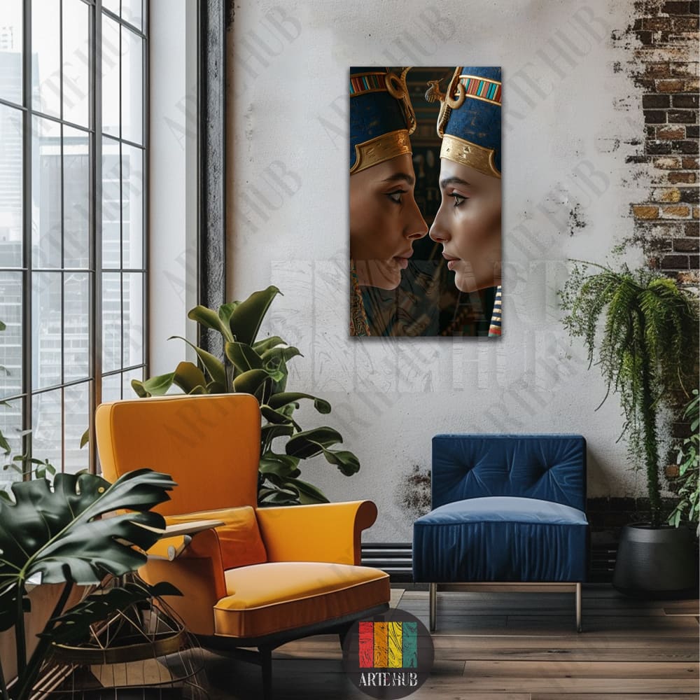 Close-up of Royal Legacy canvas wall art depicting two Egyptian queens in blue and gold crowns on a textured wall in a luxury Egypt living room.
