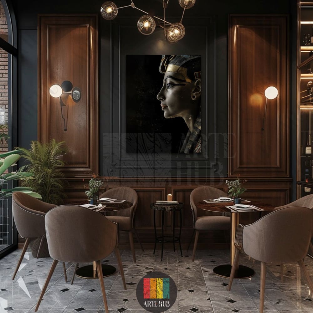 A profile portrait of Queen Nefertiti as premium canvas wall art displayed in a sophisticated modern dining lounge in Egypt.