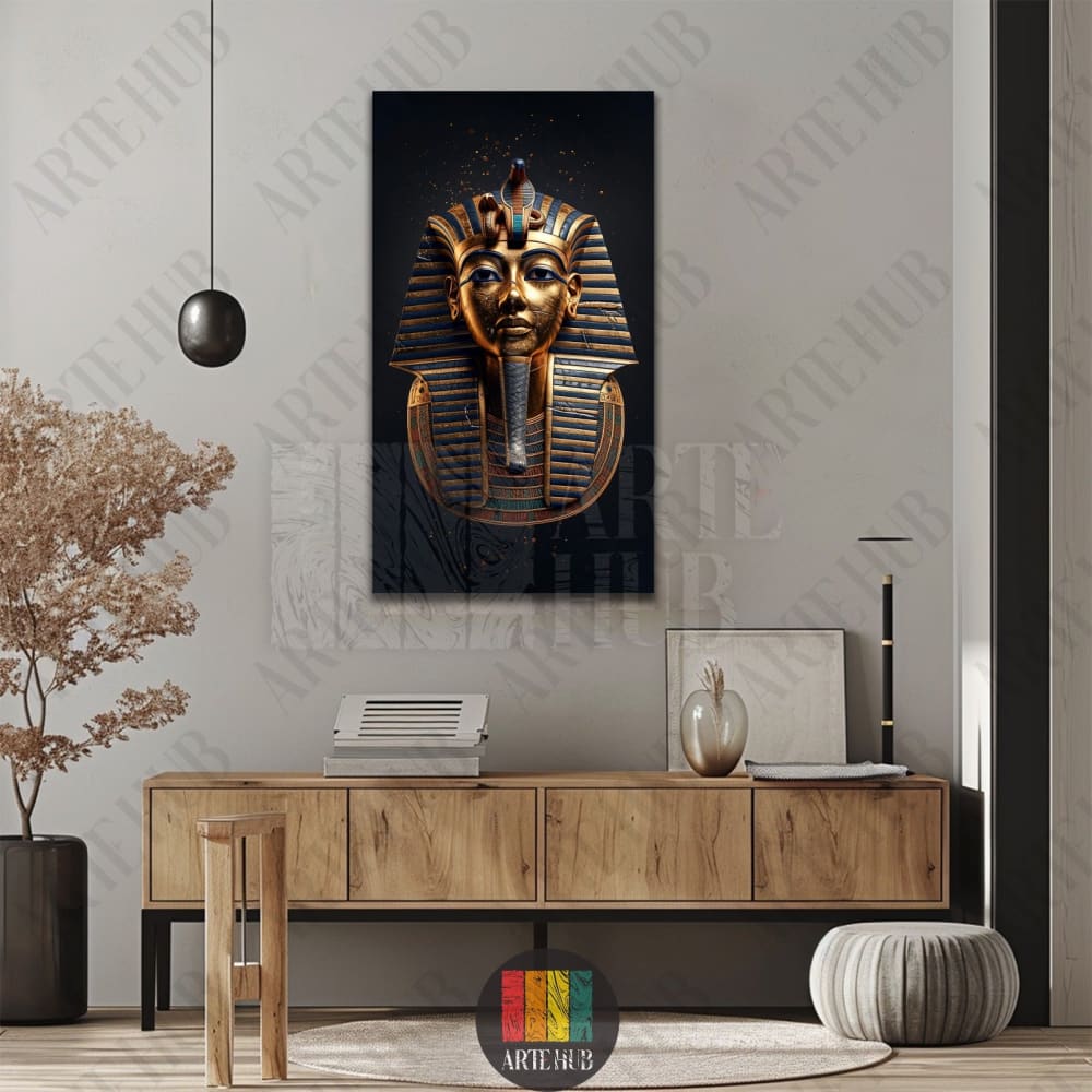 A premium golden King Tutankhamun mask canvas wall art print displayed in a luxury modern Egyptian living room setting.
