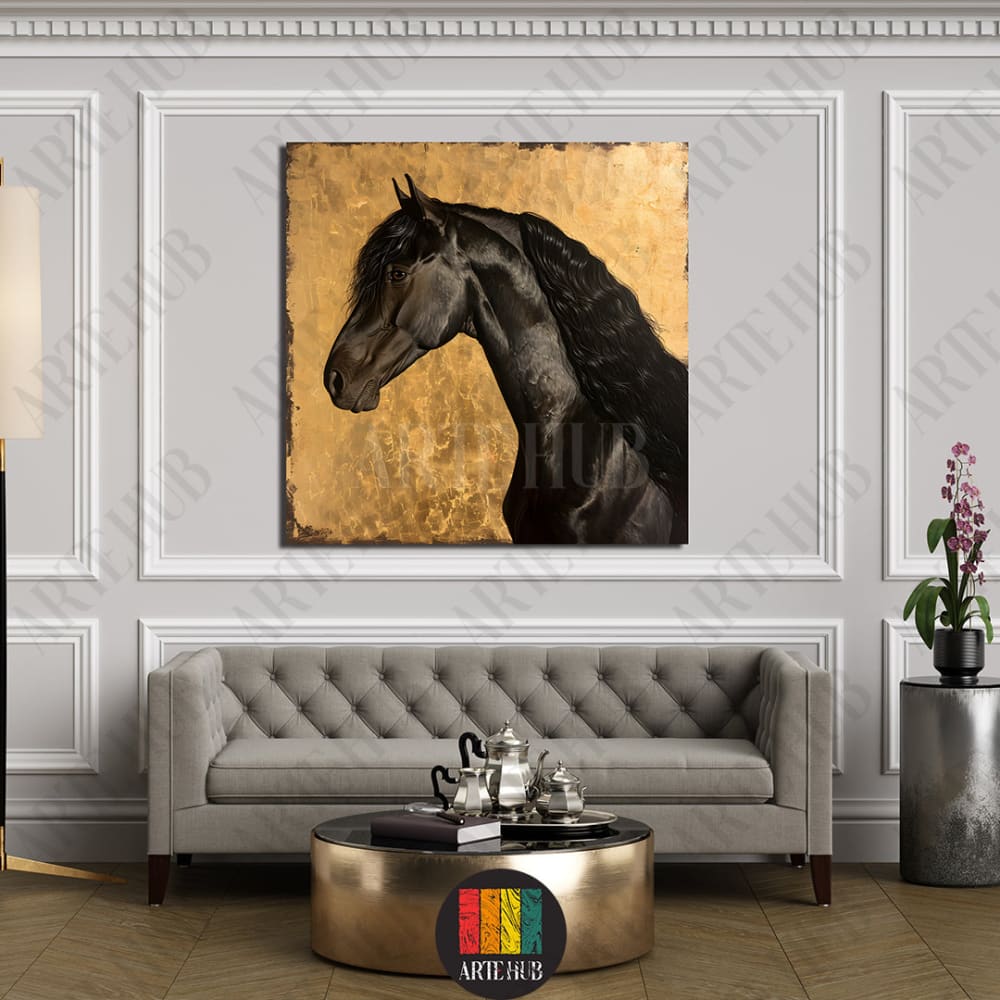 A majestic black stallion portrait on a textured gold background, premium canvas wall art for luxury home decor in Egypt.