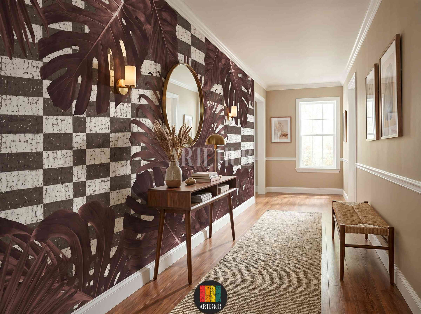 A luxury hallway interior featuring a bold wallpaper design with dark burgundy monstera leaves on a textured checkered background.
room: hallway
