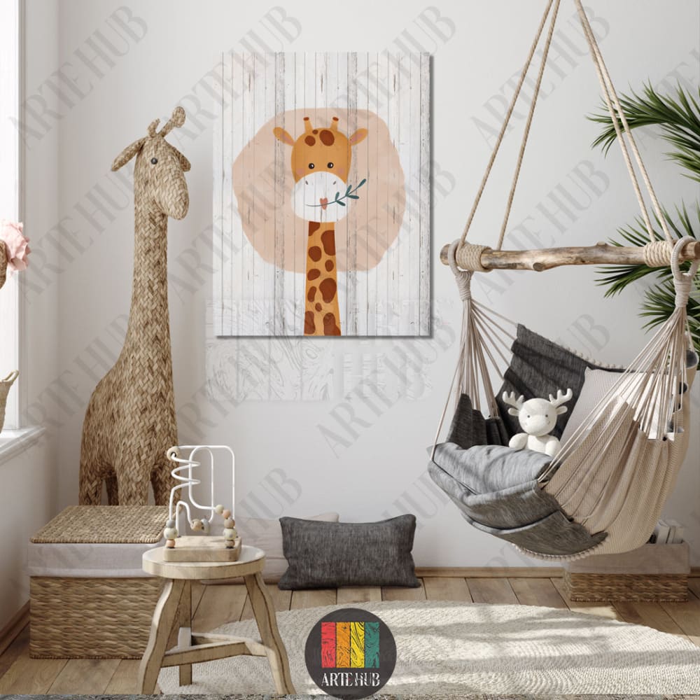 Adorable illustrated giraffe on a white wood-grain background canvas print, styled in a contemporary nursery room with natural wood and wicker accents.