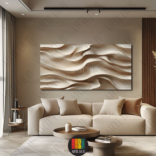 Luxury horizontal canvas wall art featuring 3D abstract beige desert ripples in a modern Egyptian living room.