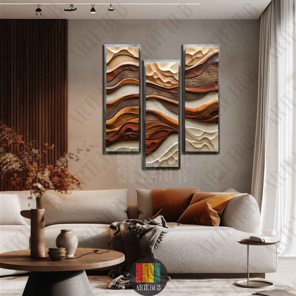 Set of three vertical canvas wall art panels featuring 3D abstract wooden wave patterns in earth tones for luxury modern home decor.