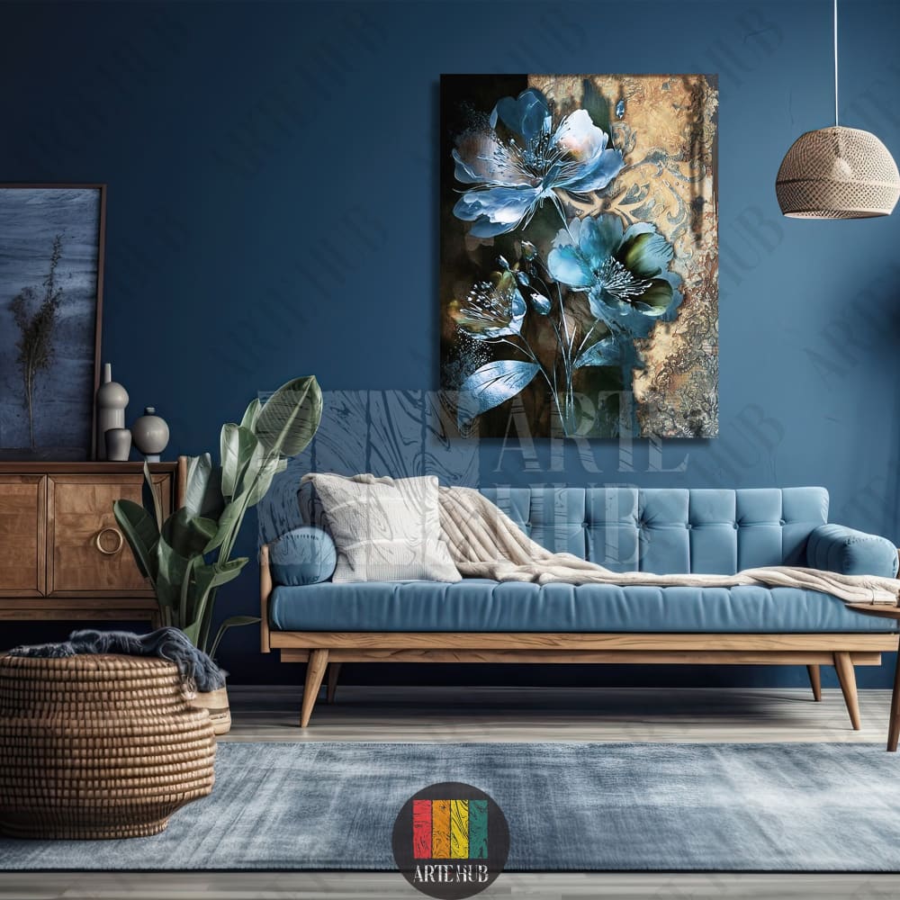 Elegant canvas wall art showcasing vibrant blue floral blossoms on a textured gold background in a modern Egyptian living room.