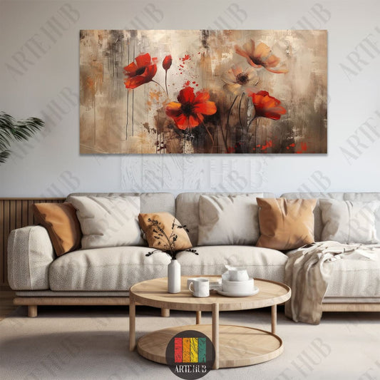 A premium abstract canvas wall art piece featuring vibrant red poppies on a neutral textured background, styled in a modern living room in Egypt.