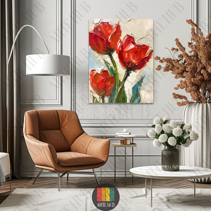 Impasto style oil painting of three red tulips on canvas, showcasing thick texture and vibrant colors for modern luxury home decor in Egypt.