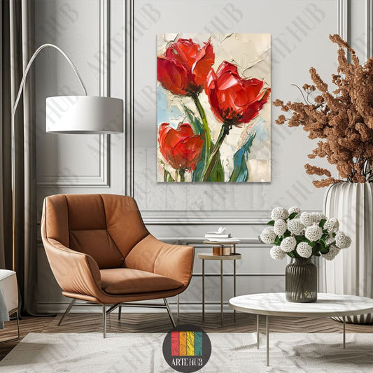 Impasto style oil painting of three red tulips on canvas, showcasing thick texture and vibrant colors for modern luxury home decor in Egypt.