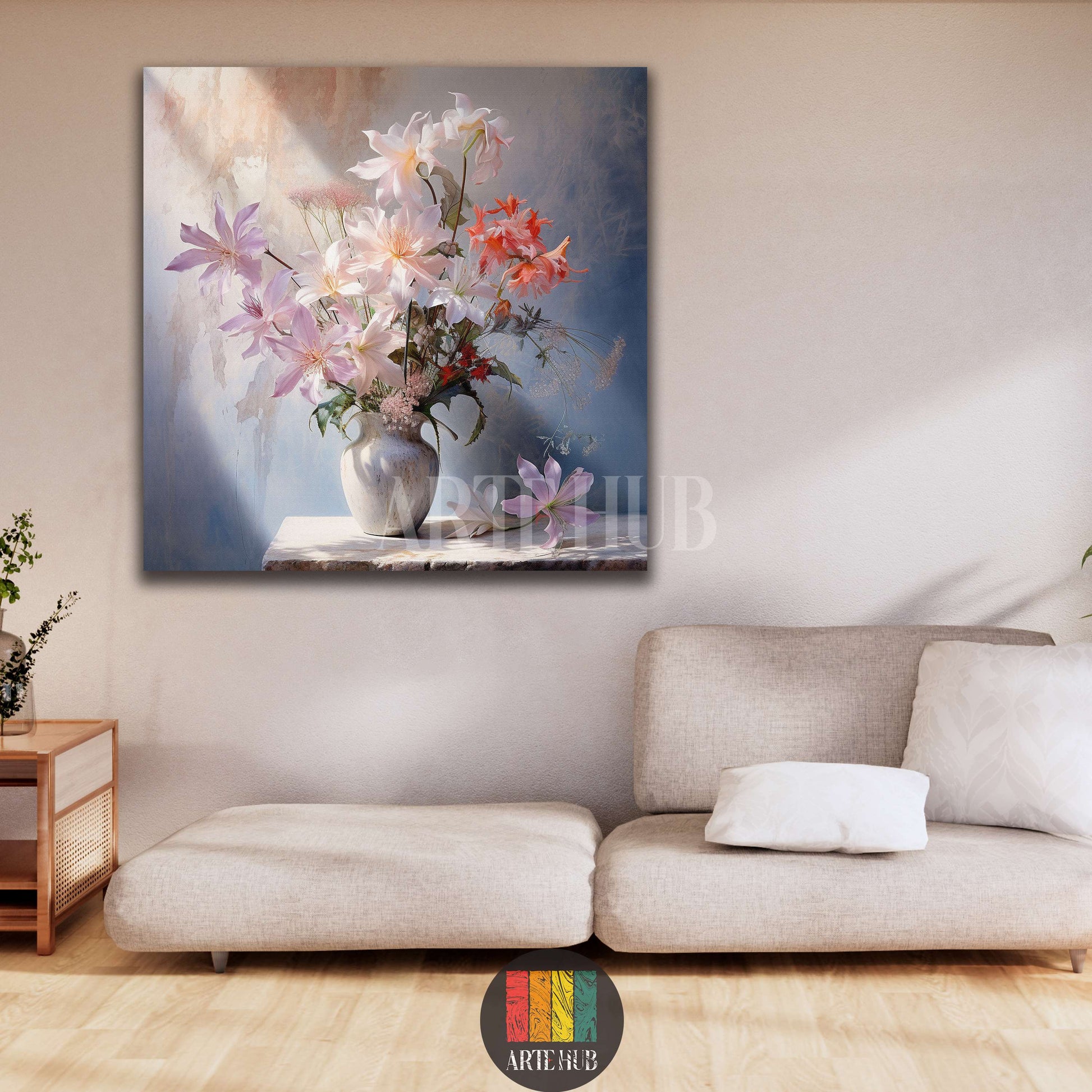 Impressionist style floral canvas wall art featuring soft pink and white lilies in a ceramic vase, perfect for luxury home decor in Egypt.