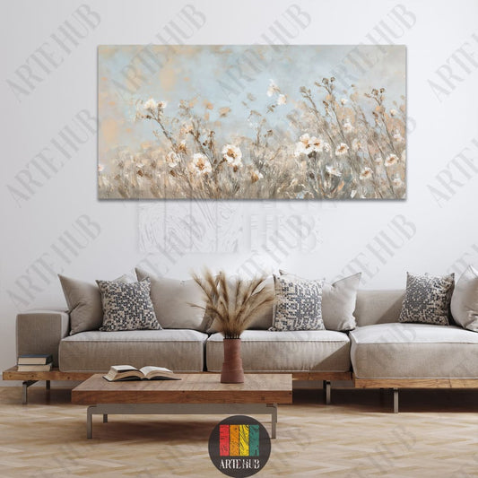 Abstract meadow with white wildflowers on a serene blue and beige background, premium canvas wall art for modern living room decor in Egypt.