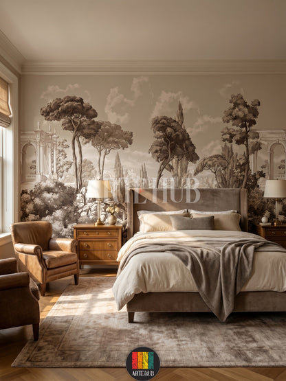 A premium sepia-toned vintage landscape wallpaper mural featuring classical architecture and pine trees behind a luxury bed in an elegant room.
room: bedroom