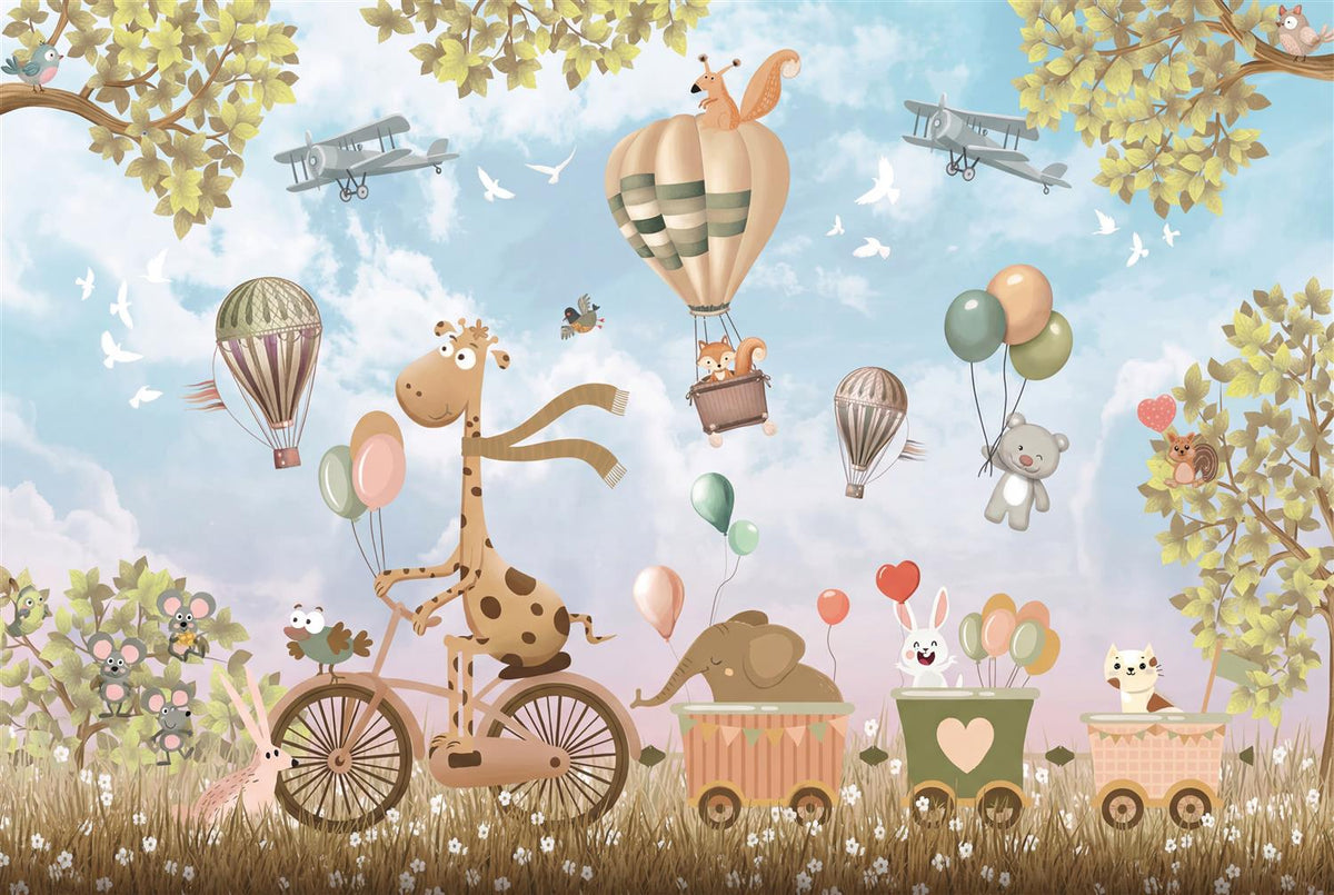 Skybound Friends flat wallpaper artwork with a cycling giraffe, animal carts, hot-air balloons and leafy branches against a blue sky.
