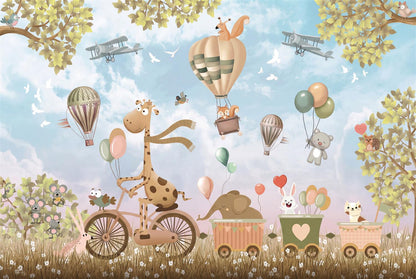 Skybound Friends flat wallpaper artwork with a cycling giraffe, animal carts, hot-air balloons and leafy branches against a blue sky.