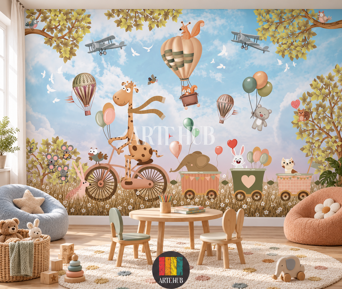 Skybound Friends animal adventure wallpaper with a cycling giraffe and hot-air balloons behind a small activity table.
room: kids room