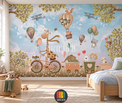 Skybound Friends blue-sky animal mural beside a wooden child's bed and woven toy baskets.
room: kids room