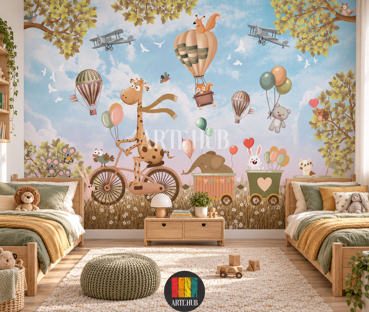 Skybound Friends whimsical animal wallpaper behind twin wooden beds with green and mustard textiles.
room: kids room