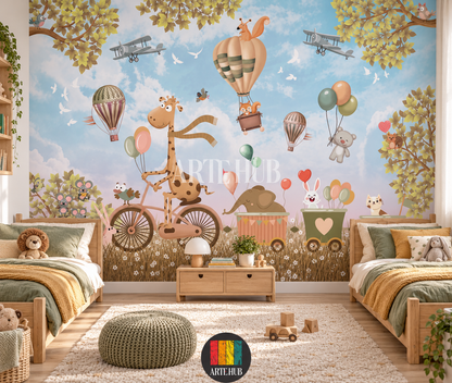 Skybound Friends whimsical animal wallpaper behind twin wooden beds with green and mustard textiles.
room: kids room
