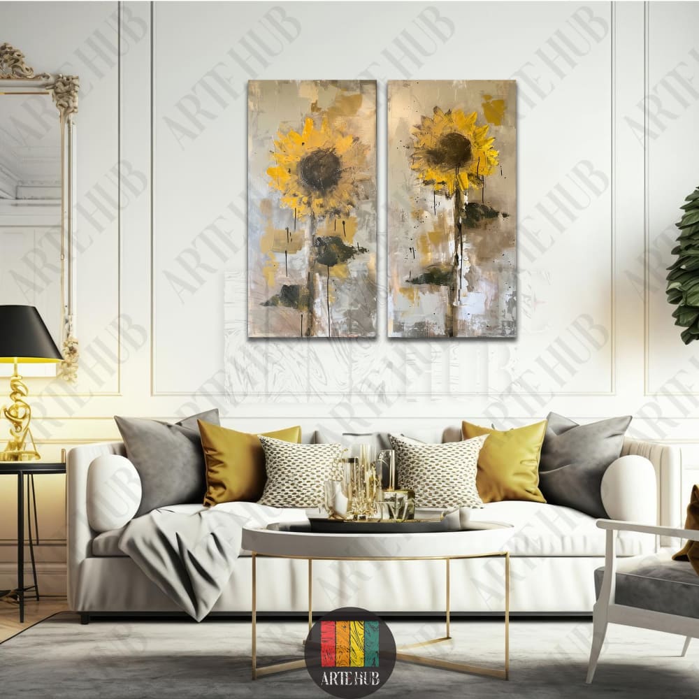Modern two-panel canvas wall art featuring abstract golden sunflowers on a textured neutral background, perfect for luxury living room decor in Egypt.
