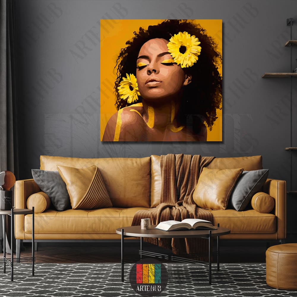 Vibrant canvas wall art of a woman with yellow sunflowers in her hair and matching yellow makeup, perfect for modern home decor in Egypt.