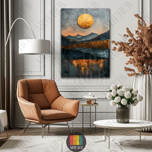 Modern abstract mountain landscape canvas wall art with a metallic golden sun and dark blue peaks, perfect for luxury home decor in Egypt.