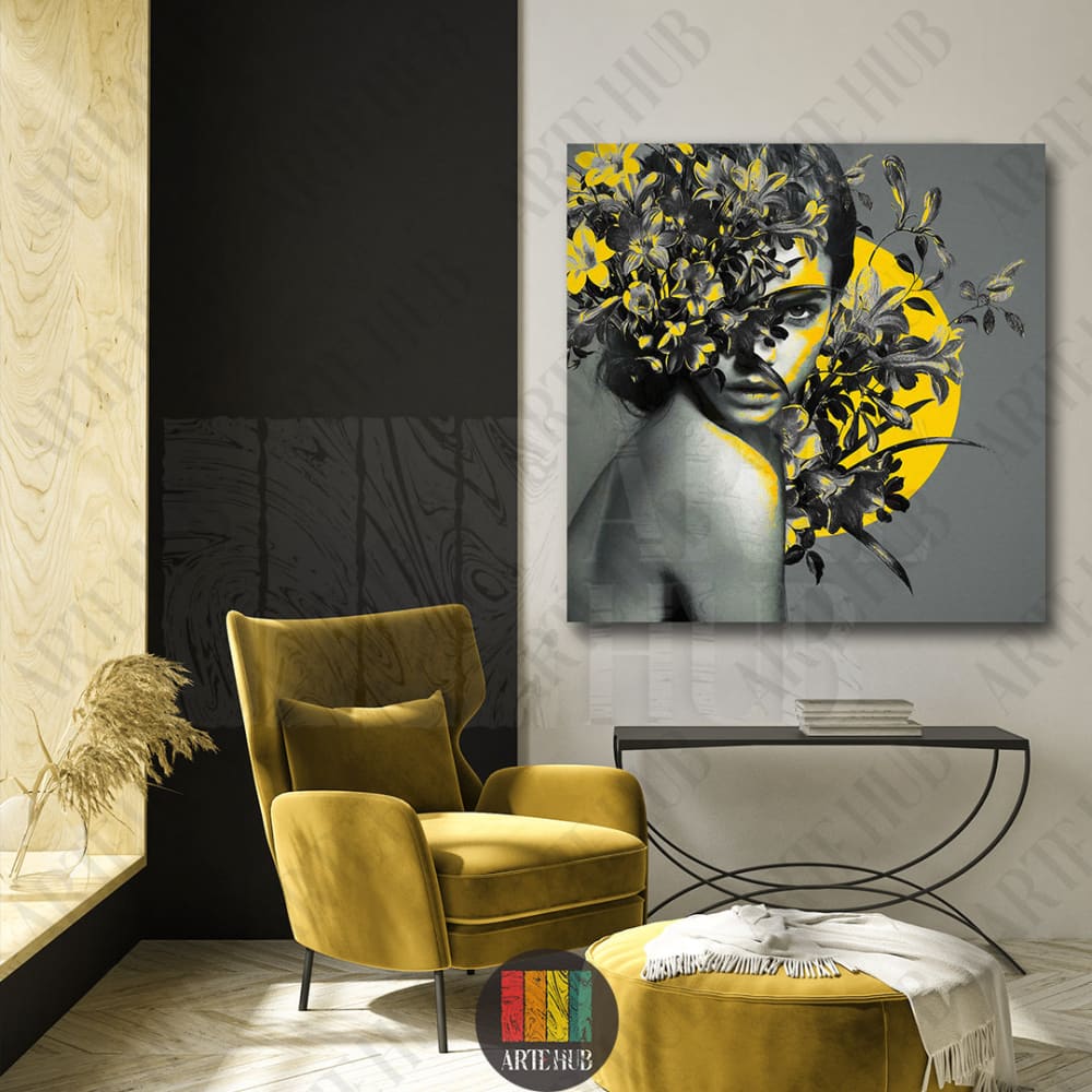 A sophisticated canvas wall art featuring a woman's monochrome portrait intertwined with vibrant yellow flowers and a golden sun backdrop, perfect for luxury modern living rooms in Egypt.