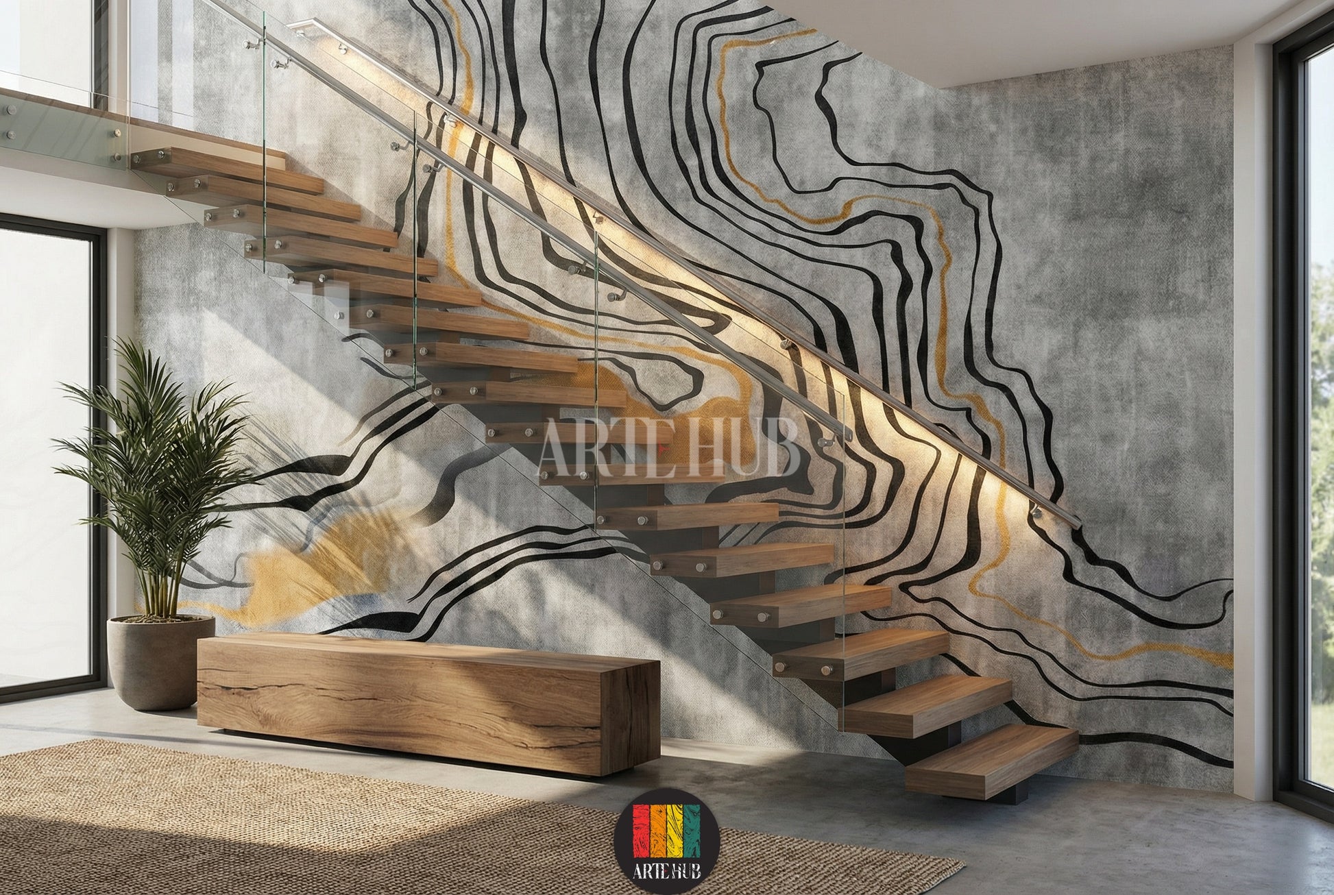 Modern bedroom featuring a large abstract wallpaper with flowing black and gold lines on a textured grey background. The wall art enhances the contemporary home decor in Egypt, creating a luxurious and serene atmosphere.
غرفة نوم عصرية مع ورق حائط كبير بتصميم مجرد بخطوط سوداء وذهبية متدفقة على خلفية رمادية. لوحات الحائط هذه تضيف لمسة فخمة لديكور المنزل في مصر.
room: stairs