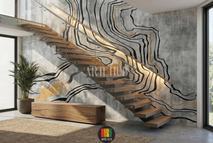 Modern bedroom featuring a large abstract wallpaper with flowing black and gold lines on a textured grey background. The wall art enhances the contemporary home decor in Egypt, creating a luxurious and serene atmosphere.
غرفة نوم عصرية مع ورق حائط كبير بتصميم مجرد بخطوط سوداء وذهبية متدفقة على خلفية رمادية. لوحات الحائط هذه تضيف لمسة فخمة لديكور المنزل في مصر.
room: stairs