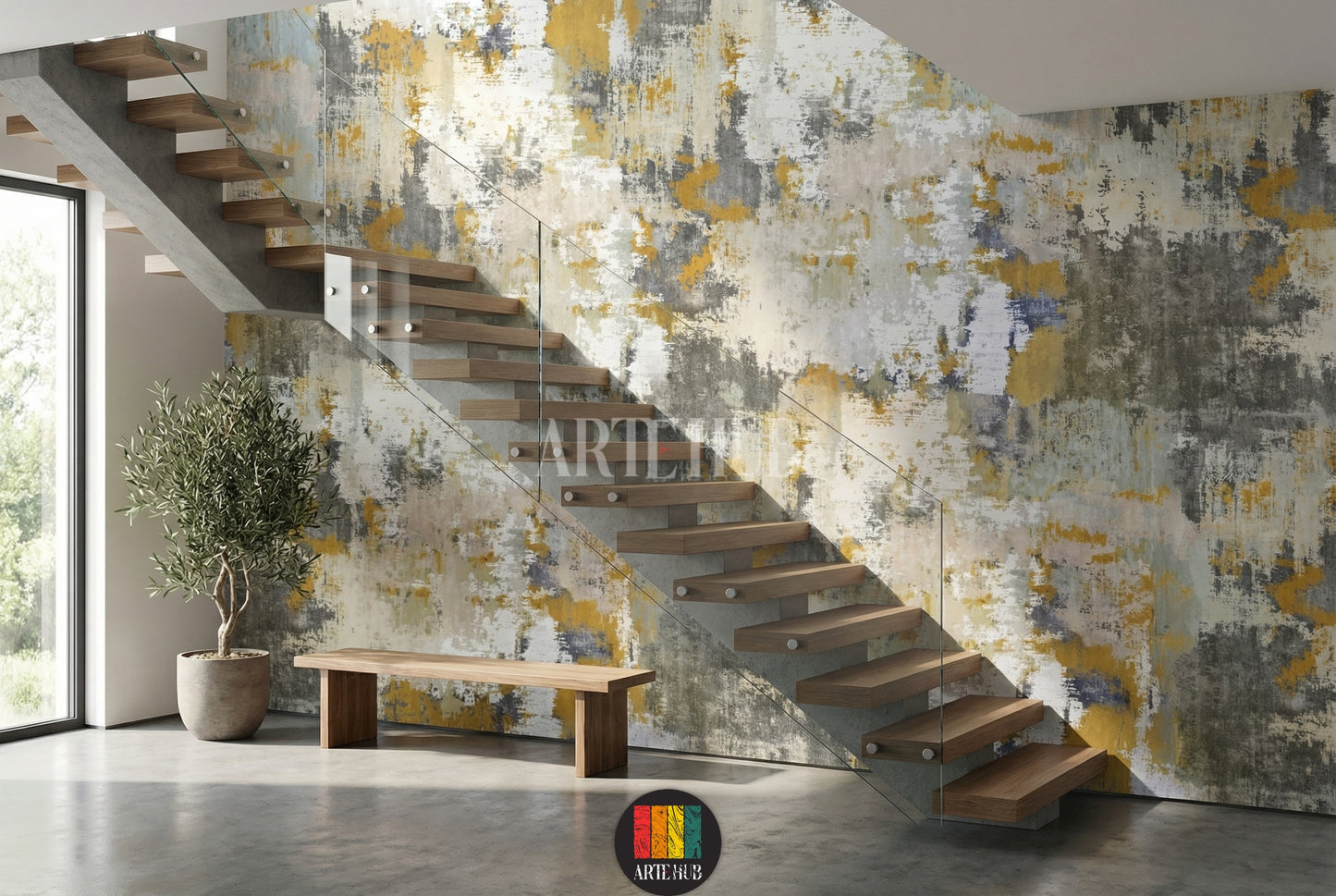 Detailed view of abstract distressed wallpaper in gold, grey, and white tones, enhancing a modern interior in Egypt. Ideal for contemporary wall art.
صورة تفصيلية لورق حائط تجريدي بتصميم مميز بألوان ذهبية ورمادية وبيضاء، يزين غرفة نوم عصرية في مصر. مثالي لديكور حائط مودرن.
room: stairs