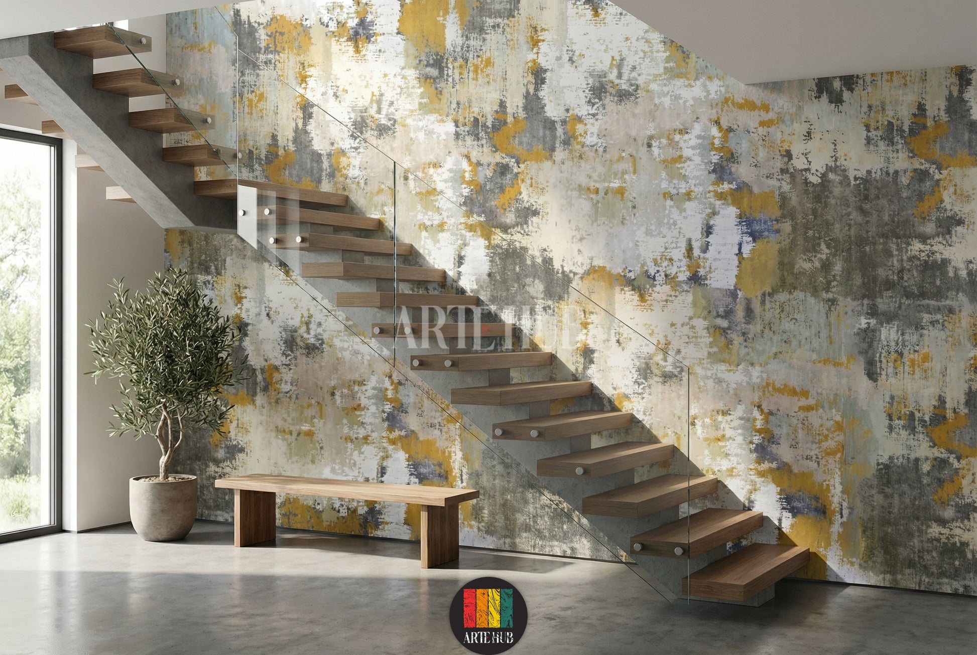 Detailed view of abstract distressed wallpaper in gold, grey, and white tones, enhancing a modern interior in Egypt. Ideal for contemporary wall art.
صورة تفصيلية لورق حائط تجريدي بتصميم مميز بألوان ذهبية ورمادية وبيضاء، يزين غرفة نوم عصرية في مصر. مثالي لديكور حائط مودرن.
room: stairs