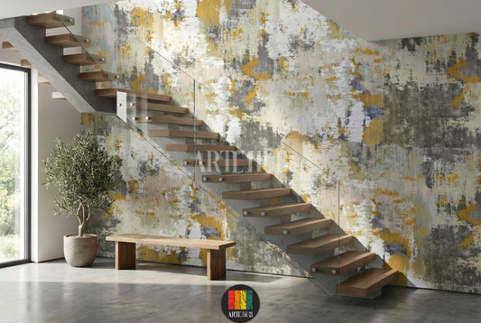 Detailed view of abstract distressed wallpaper in gold, grey, and white tones, enhancing a modern interior in Egypt. Ideal for contemporary wall art.
صورة تفصيلية لورق حائط تجريدي بتصميم مميز بألوان ذهبية ورمادية وبيضاء، يزين غرفة نوم عصرية في مصر. مثالي لديكور حائط مودرن.
room: stairs