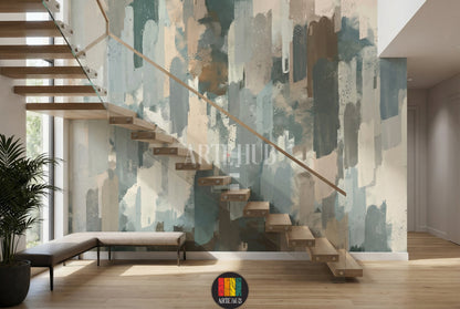 Full view of a modern bedroom with an abstract brushstroke wallpaper in muted green, blue, brown, and beige tones, creating a stylish focal point for homes in Egypt.
صورة كاملة لغرفة نوم مودرن مع ورق حائط بتصميم فرشاة تجريدي بألوان هادئة من الأخضر والأزرق والبني والبيج، لمسة عصرية لديكورات المنازل في مصر.
room: stairs