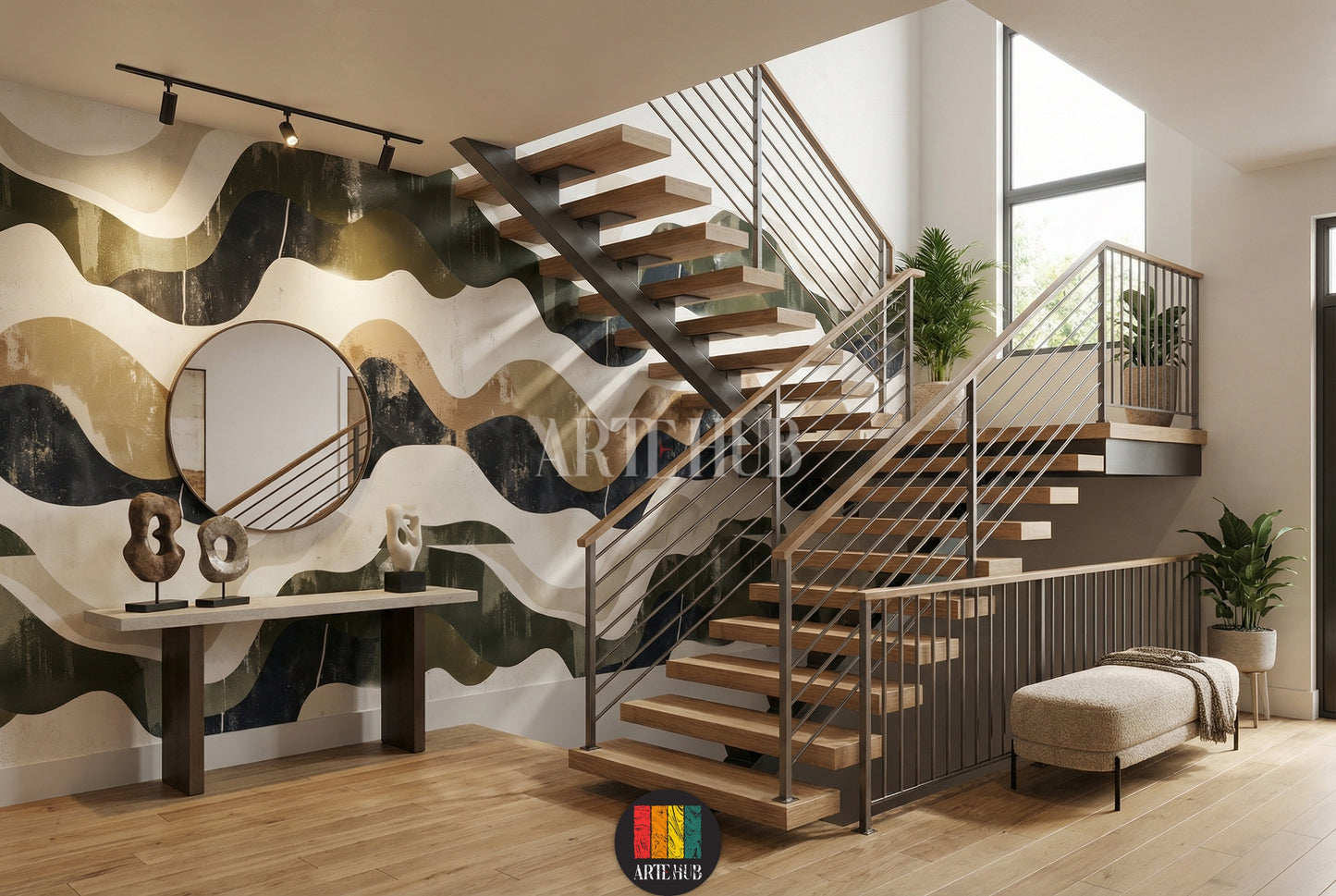 Full shot of a contemporary featuring a large statement wall covered in abstract wavy wallpaper. The design includes organic shapes in earthy tones of beige, cream, olive green, and deep blue-grey, creating a dynamic flow. A long wooden  table with modern chairs, a chandelier, and a wooden console table with decor are also visible. Ideal for modern Egyptian interior design.
صورة كاملة لغرفة طعام عصرية تعرض جدارًا مميزًا مغطى بورق حائط بتصميم أمواج تجريدية. 
room: stairs