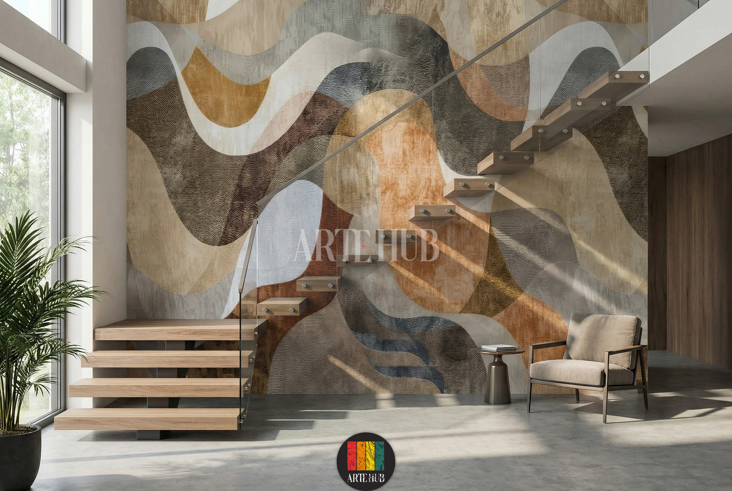 Full view of a modern living room featuring an abstract wavy pattern wallpaper in earthy tones of brown, beige, and grey. A neutral-colored L-shaped sofa with throw blankets and pillows sits against the wall. A dark wood coffee table with decor items, a TV unit, a floor lamp, and two brown leather armchairs are also visible, showcasing contemporary home decor in Egypt.
منظر كامل لغرفة معيشة عصرية تضم ورق حائط بتصميم أمواج تجريدية بألوان ترابية من البني والبيج والرمادي.  L بلون محايد 
room: stairs