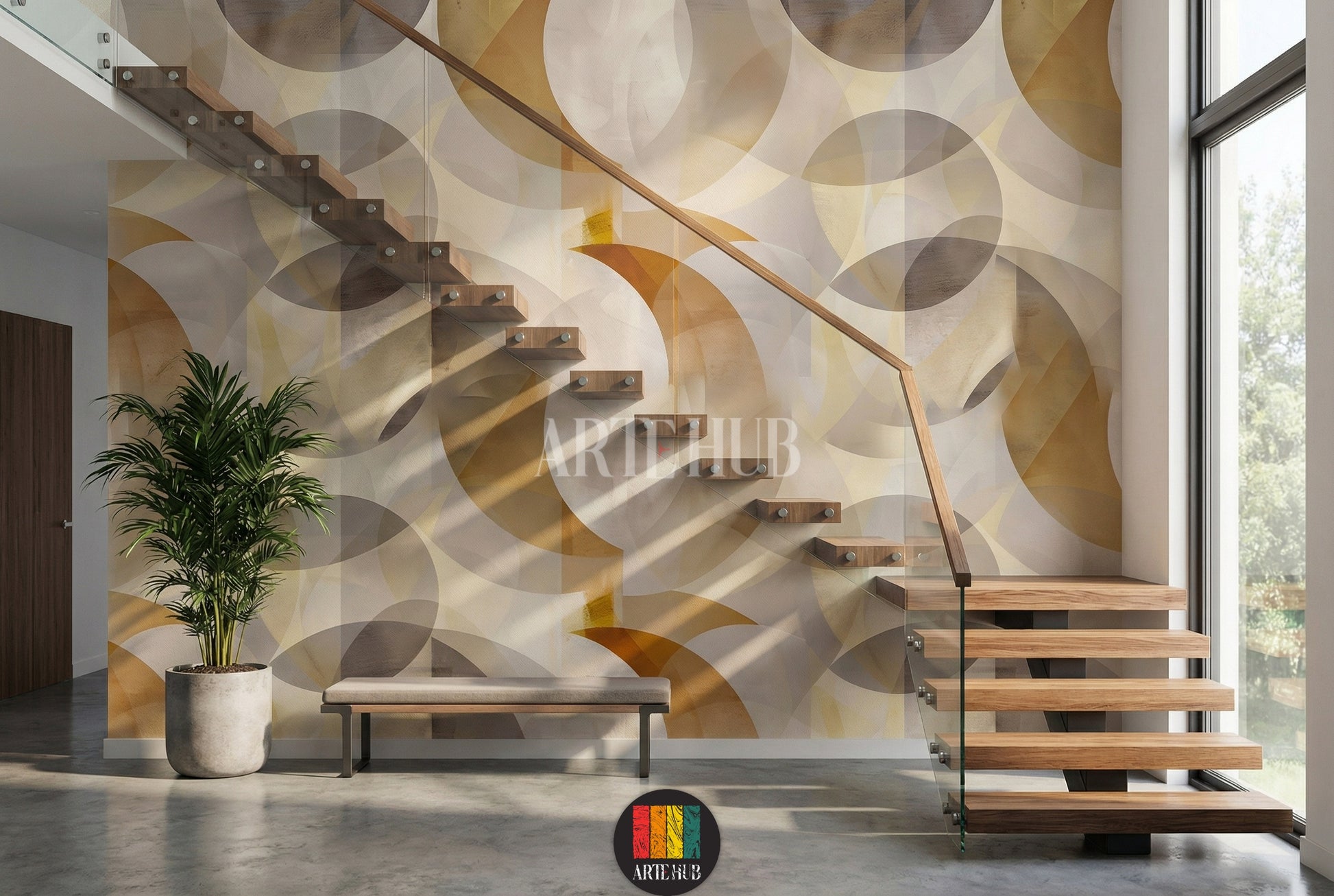 A contemporary  featuring a stunning geometric circles wallpaper in shades of beige, gold, and grey. The modern decor includes a wooden, light grey chairs, and a chandelier, ideal for stylish homes in Egypt.
غرفة طعام عصرية تظهر ورق حائط بتصميم دوائر هندسية بألوان البيج والذهبي والرمادي. الديكور يضم طاولة طعام خشبية، كراسي رمادية فاتحة، وثريا أنيقة، مثالي للمنازل الأنيقة في مصر.
room: stairs