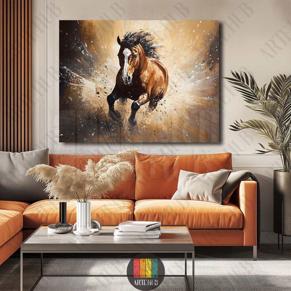 A dynamic oil-style painting of a galloping brown horse with white splashes, modern canvas wall art for luxury living room decor in Egypt.