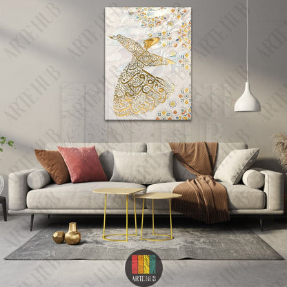 Golden Arabic calligraphy depiction of a Whirling Dervish on a decorative canvas wall art piece hanging in a modern living room in Egypt.