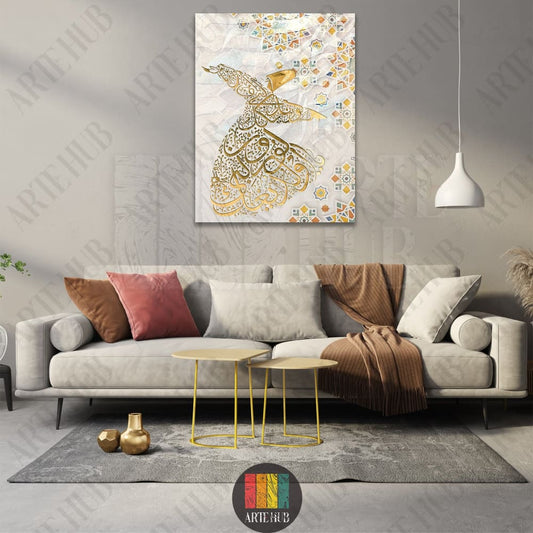 Golden Arabic calligraphy depiction of a Whirling Dervish on a decorative canvas wall art piece hanging in a modern living room in Egypt.