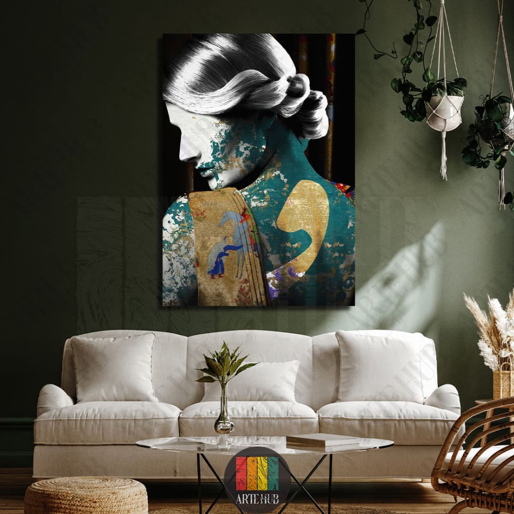 A modern luxury canvas wall art piece featuring a classical profile portrait with turquoise textures, gold leaf accents, and Arabic heritage motifs in a stylish room.