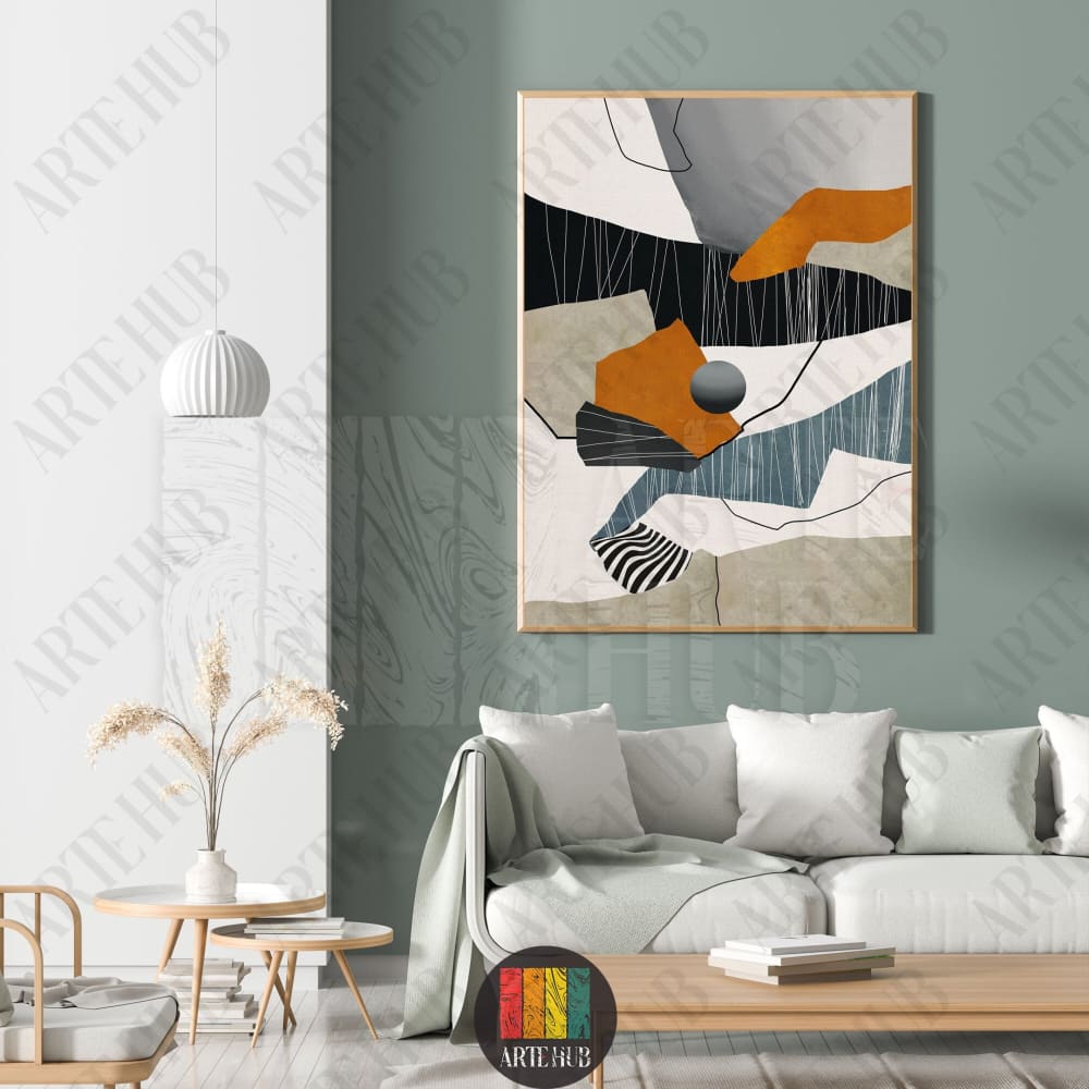 Modern abstract canvas wall art with geometric shapes in burnt orange and charcoal, perfect for luxury home decor in Egypt.