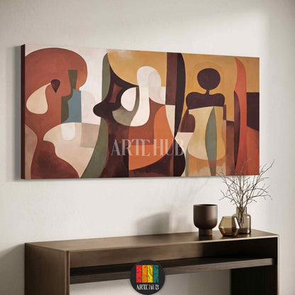 A large horizontal abstract canvas wall art featuring cubist shapes in terracotta, ochre, and beige tones, perfect for modern home decor in Egypt.