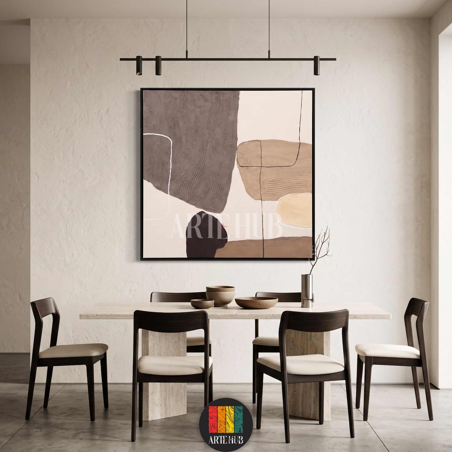 Modern abstract canvas wall art featuring textured earthy tones in a minimalist dining room, perfect for luxury home decor in Egypt.