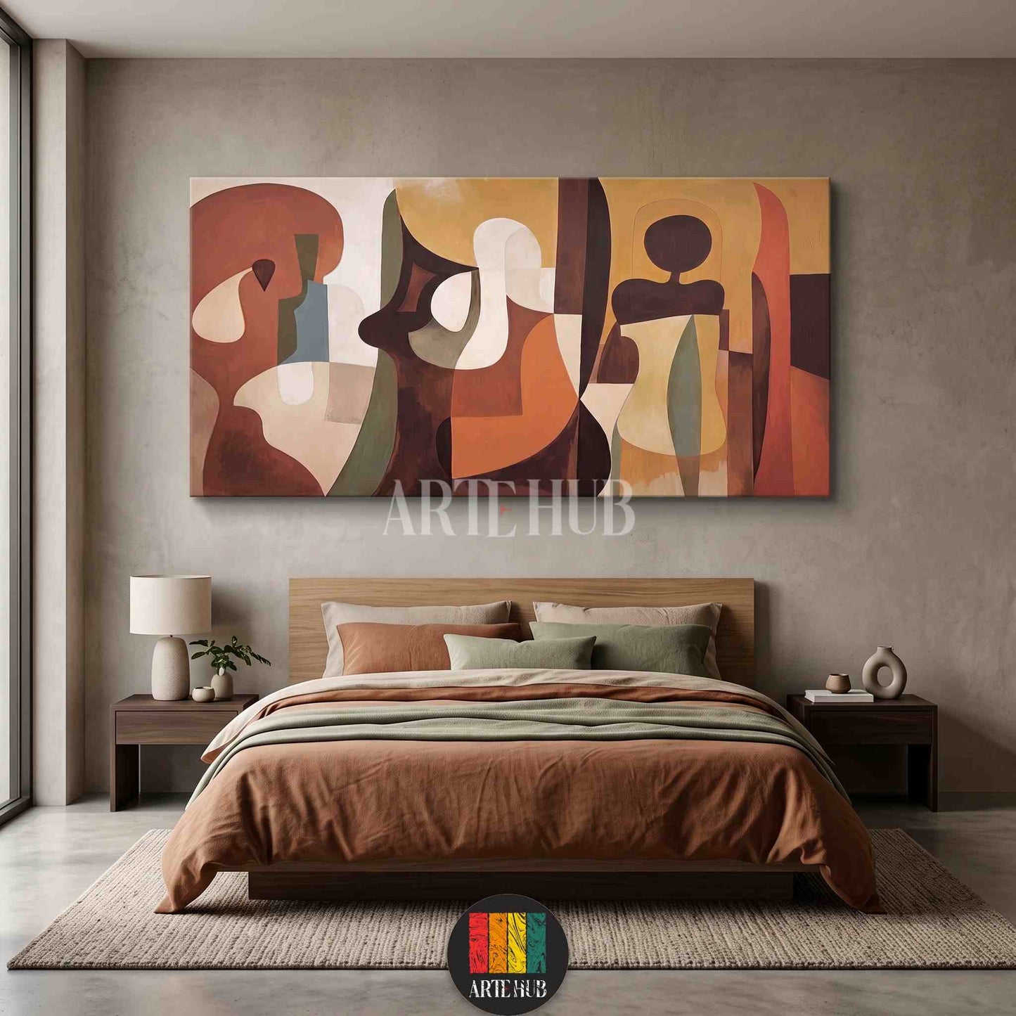 A premium horizontal canvas wall art featuring an abstract cubist design in earthy terracotta and mustard tones hanging in a modern bedroom.