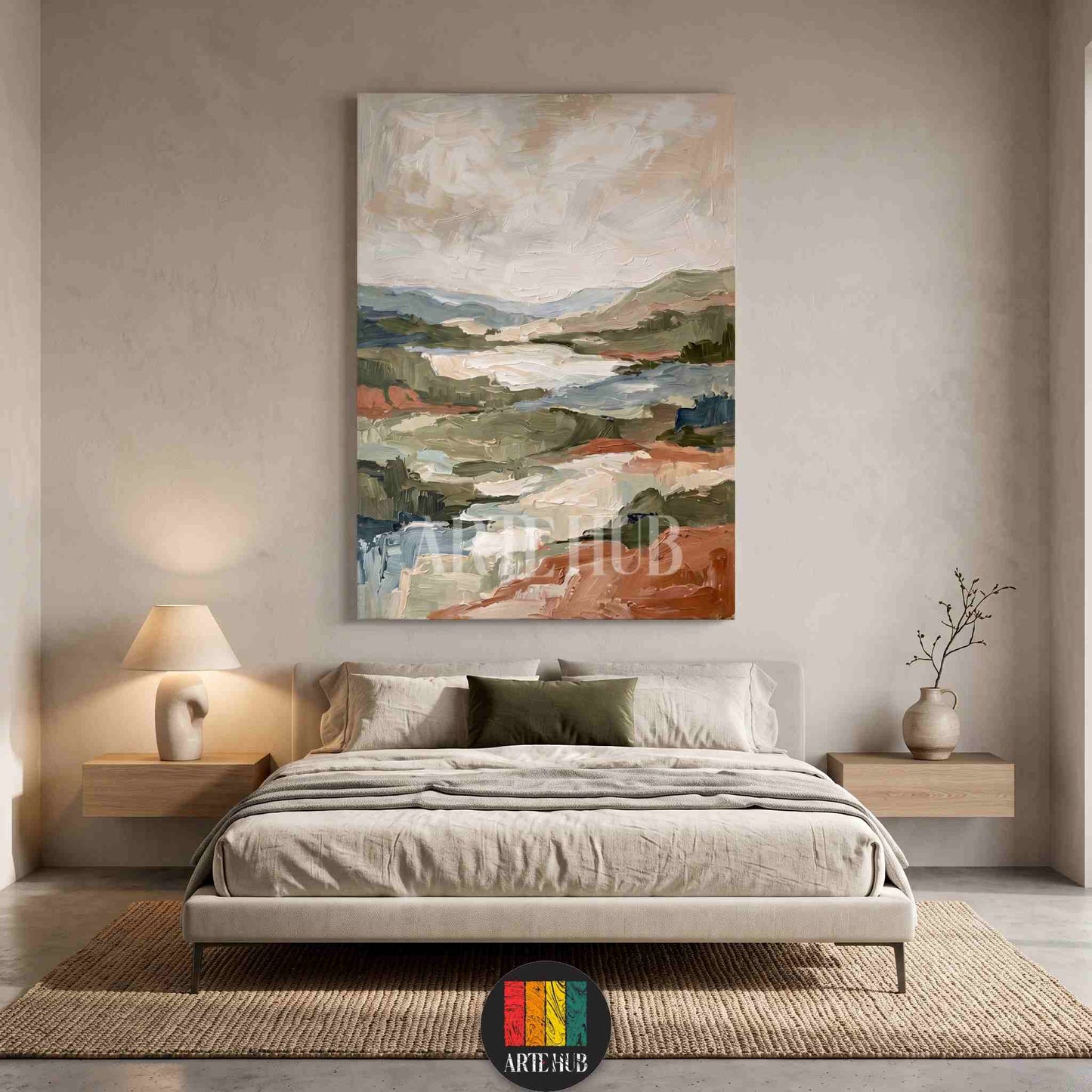 A large vertical abstract landscape canvas wall art with earthy terracotta and sage green tones hanging in a luxury modern bedroom in Egypt.