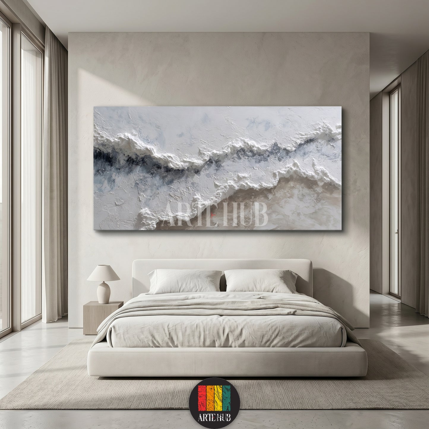 A large, textured 3D canvas wall art featuring white and blue abstract ocean waves hanging above a minimalist beige bed in a luxury Egyptian home.