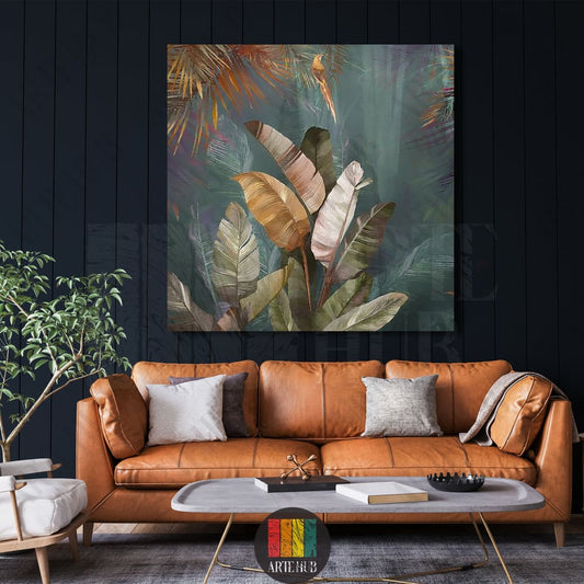 Modern canvas wall art featuring elegant tropical banana leaves in gold and green tones with a perched bird, styled in a luxury living room in Egypt.